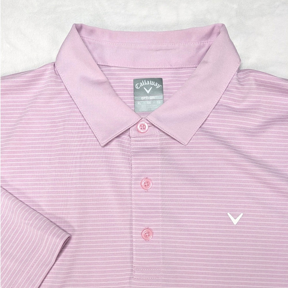 Callaway Opti-Dri Mens XL Pink White Striped Short Sleeve Golf Polo Shirt Logo